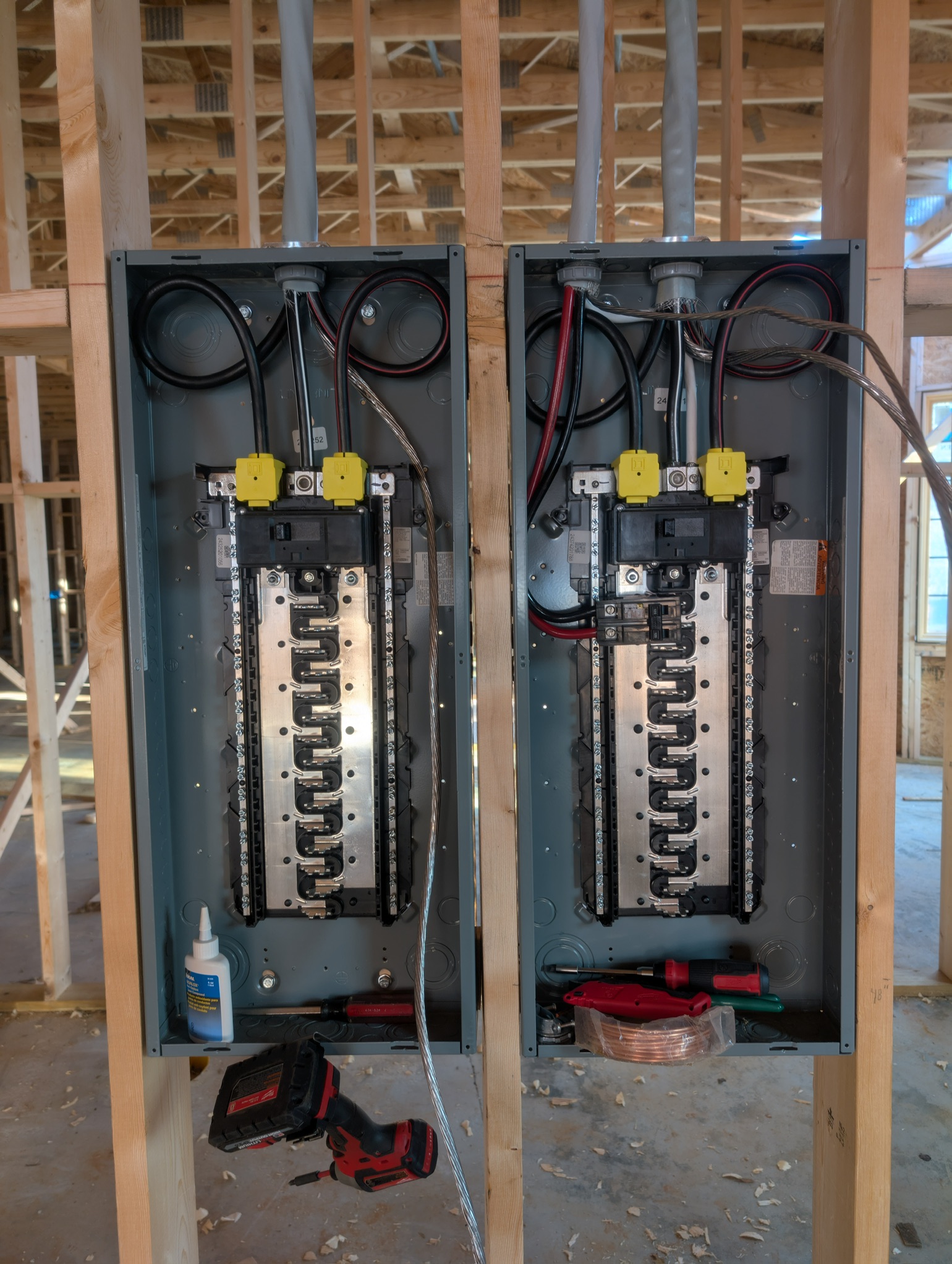 Dual commercial electrical panels installed during new construction